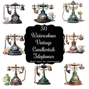 Conexiones atemporales: Conjunto de imágenes prediseñadas de 30 teléfonos con velas vintage en acuarela