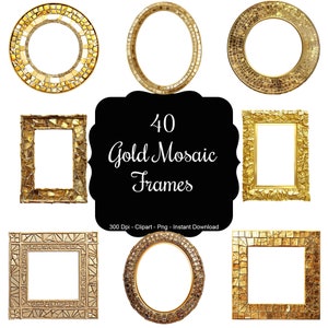 May include: Set of 40 gold mosaic frames in various shapes and sizes. The frames are perfect for adding a touch of elegance to any project.