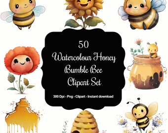 Buzzy Beauties: 50 Adorable Watercolour Bumble Bee Clipart Collection