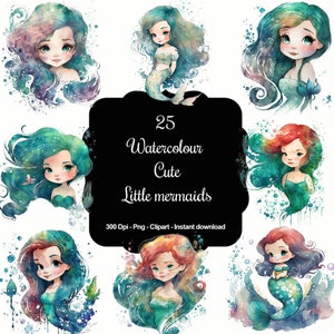 Ocean Whispers: 25 Aquarell Meerjungfrau Clipart Set