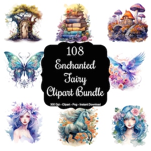 Verzauberte Reiche: 108 Aquarell Feen, Einhorn, und magischer Wald Clipart Bundle