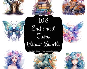 Enchanted Realms: 108 Watercolour Fairy, Unicorn, and Magical Forest Clipart Bundle