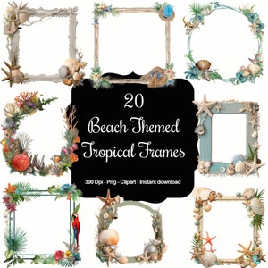 20 Strand Themen tropische Rahmen, hochwertige Clipart, Sofort Download, 300 Dpi, transparente PNG Dateien, kommerzielle Nutzung