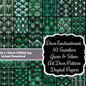 Deco Enchantment: 40 bezszwowych zielonych i srebrnych wzorów Art Deco papierów cyfrowych