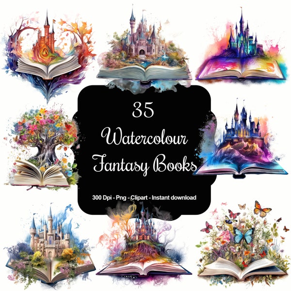 Verzauberte Bibliothek: 35 Aquarell Fantasy Bücher Clipart Set