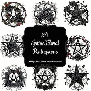 24 pentagramas florais góticos, pentagrama, clipart de alta qualidade, download instantâneo, 300 Dpi, arquivos PNG transparentes, uso comercial