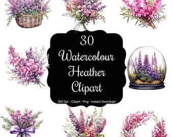 Highland Whispers: 30 Watercolour Heather Bunches, Wreaths, and Bouquets Clipart Set