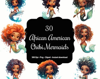 Cute Chibi African American Mermaid Princesses - Digital Clipart Set