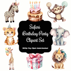 Jungle Jubilee: 45 animais de safári de festa de aniversário em aquarela e conjunto de clipart de elementos