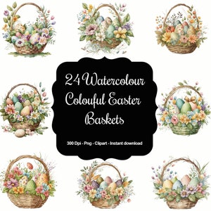 Springtime Splendor: 24 Watercolour Easter Baskets Clipart Set