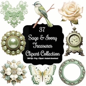 Sage & Ivory Treasures: 花、宝石の鍵、フレーム、蝶、ボタンなどを含む 37 種類の多様なクリップアート コレクション!
