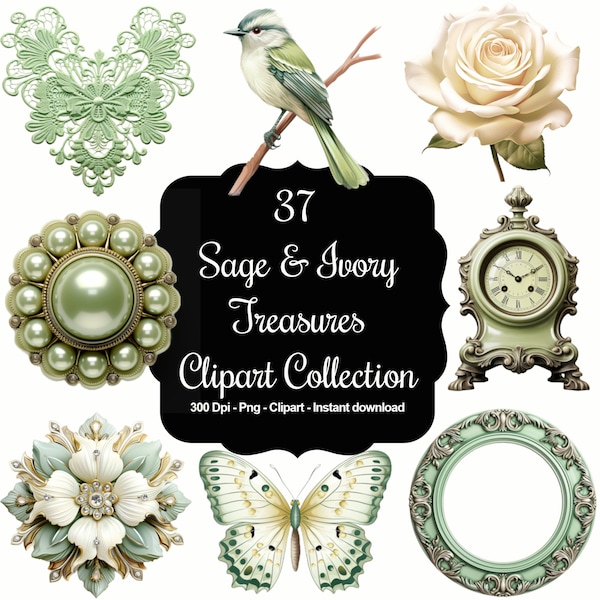 Sage & Ivory Treasures: 37 Diverse Clipart Collection, including flowers, jewel keys, frames, butterflies, buttons, and more!