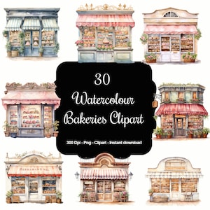 Charmante bakkerijen: 30 aquarel bakkerij-etalages clipartset