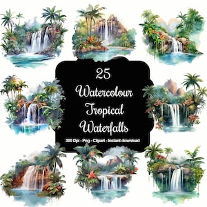 May include: 25 watercolor illustrations of tropical waterfalls. Each image features a waterfall cascading down a rocky cliff, surrounded by lush green foliage and palm trees. The images are perfect for adding a touch of nature to your designs.