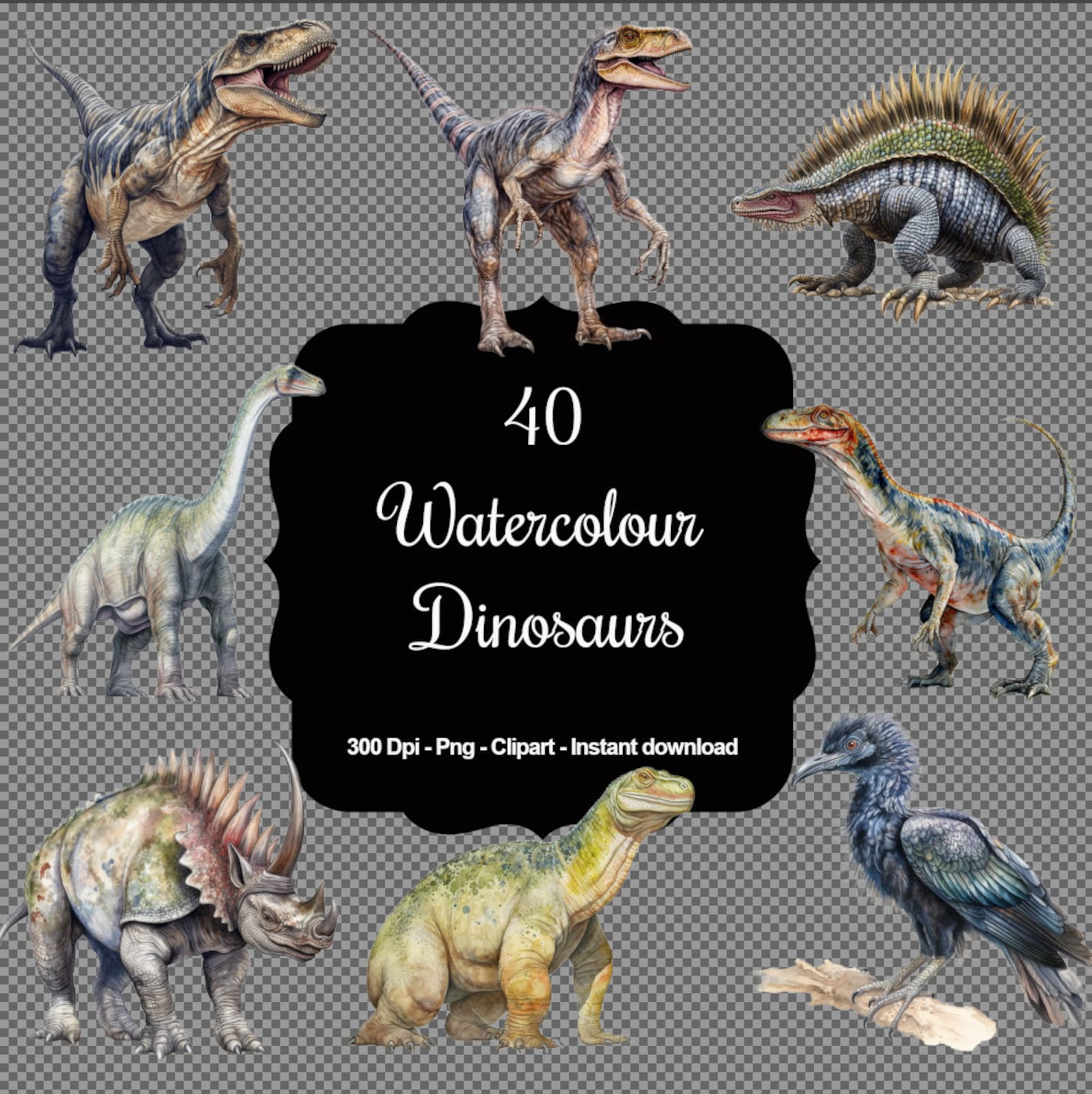 Jurassic Aquarelle: 40 Realistic Watercolor Dinosaurs Clipart ...