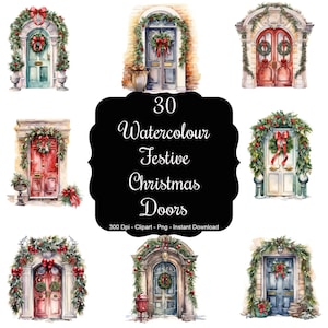 Holiday Doorways: 30 Festive Christmas Watercolour Doors Clipart Set