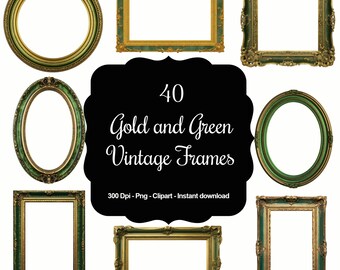 40 Gold and Green Vintage Frames, High Quality Clipart, Instant Download, 300 Dpi, Transparent PNG Files, Commercial use