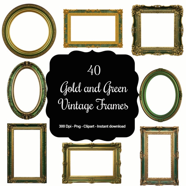 40 Gold and Green Vintage Frames, High Quality Clipart, Instant Download, 300 Dpi, Transparent PNG Files, Commercial use