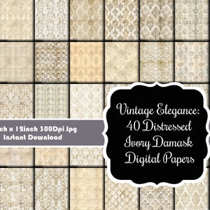 Vintage Elegance: 40 Distressed Ivory Damask Digital Papers Set