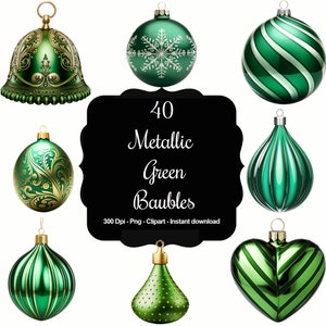 Emerald Allure: collezione di 40 clipart di palline di Natale verde metallizzato