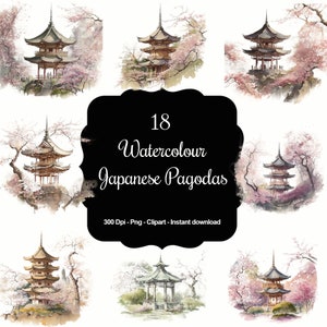 Pagodas caprichosas: Colección de imágenes prediseñadas de 18 pagodas en acuarela