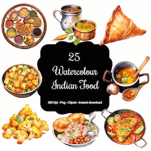 Sabores da Índia: conjunto de clipart de comida indiana em aquarela - imagens vibrantes para gourmets, chefs e criativos!
