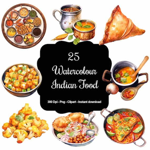Flavours of India: Watercolour Indian Food Clipart Set - Vibrant Images for Foodies, Chefs and Creatives!