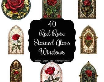 Rose Window Radiance: 40 Red Rose Stained Glass Windows Clipart Set