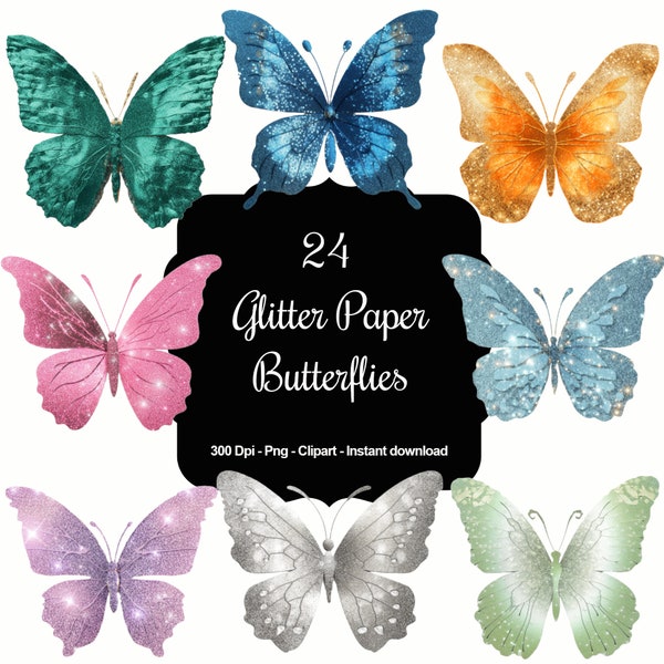 Sparkling Flutter: 24 Glitter Paper Butterflies Clipart Set