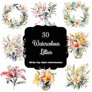 Serene Blooms: 30 aquarellelies clipartset - inclusief boeketten en kransen