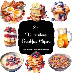 Délicieux ensemble de cliparts aquarelle pour le petit-déjeuner - Idéal pour les invitations à un brunch, les blogs culinaires, les projets artistiques uniques et plus encore !