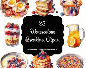 Delightful Watercolor Breakfast Clipart Set - Ideal for Brunch Invitations, Food Blogs, Unique Art Projects & More!