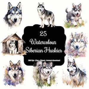 25 Watercolour Siberian Husky Dogs Clipart Bundle, High Quality Clipart, Instant Download, 300 Dpi, Transparent PNG Files, Commercial use