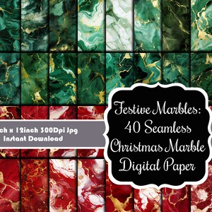 May include: A digital paper pack with 40 seamless Christmas marble designs. The designs feature green and red marble with gold accents. Each design is 12 inches by 12 inches and 300 dpi.