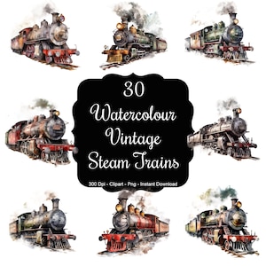Binari senza tempo: 30 clipart di treni a vapore d'epoca realizzati ad acquerello.