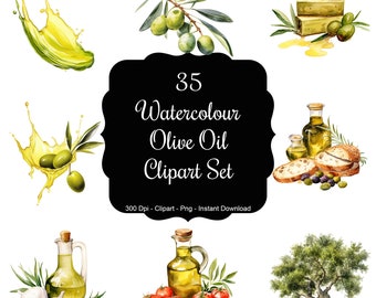 Esencia de oliva: 35 imágenes prediseñadas de aceite de oliva en acuarela