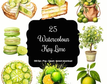 Zesty & Fresh: 25 Watercolour Key Lime Clipart Collection, Unique Key Lime-Themed Illustrations for Personal and Commercial Use