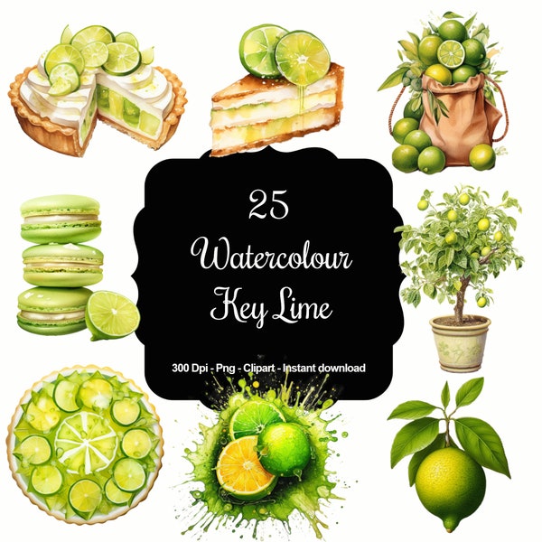 Zesty & Fresh: 25 Watercolour Key Lime Clipart Collection, Unique Key Lime-Themed Illustrations for Personal and Commercial Use