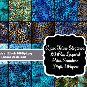Azure Feline Elegance : 20 papiers numériques transparents à imprimé léopard bleu
