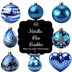 Blue Serenity: 40 metallic blauwe kerstballen clipartcollectie