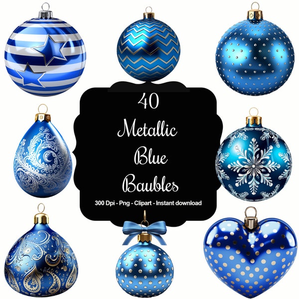 Blue Serenity: 40 Metallic Blue Christmas Baubles Clipart Collection