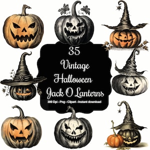 Retro Radiance: 35 imágenes prediseñadas de acuarela de Jack O' Lantern vintage