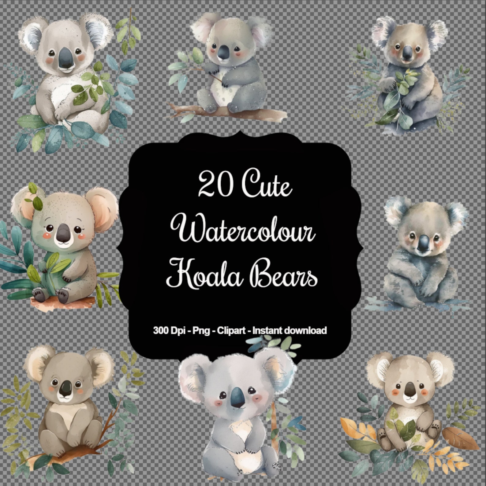 Koala Cuddles: 20 Watercolour Cute Koalas Clipart Set for Nursery Decor ...