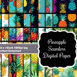 May include: A set of 24 digital papers featuring seamless patterns of colorful pineapples. The papers are 12 inches by 12 inches and 300 dpi.  The text "Pineapple Seamless Digital Paper" is in a black and white circle.