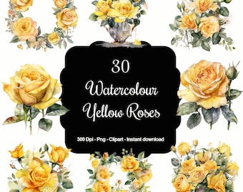 Sunny Blooms: 30 Watercolour Yellow Rose Clipart Collection