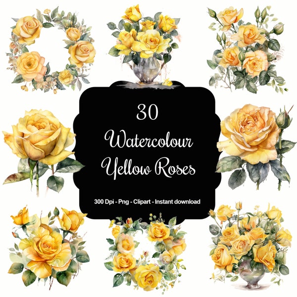 Sunny Blooms: 30 Watercolour Yellow Rose Clipart Collection