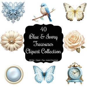 ブルー & アイボリーの宝物: 花、宝石の鍵、フレーム、蝶、ボタンなどを含む 40 種類の多様なクリップアート コレクション!