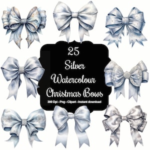 Silvery Loops: 25 fiocchi natalizi argentati ad acquerello Clipart