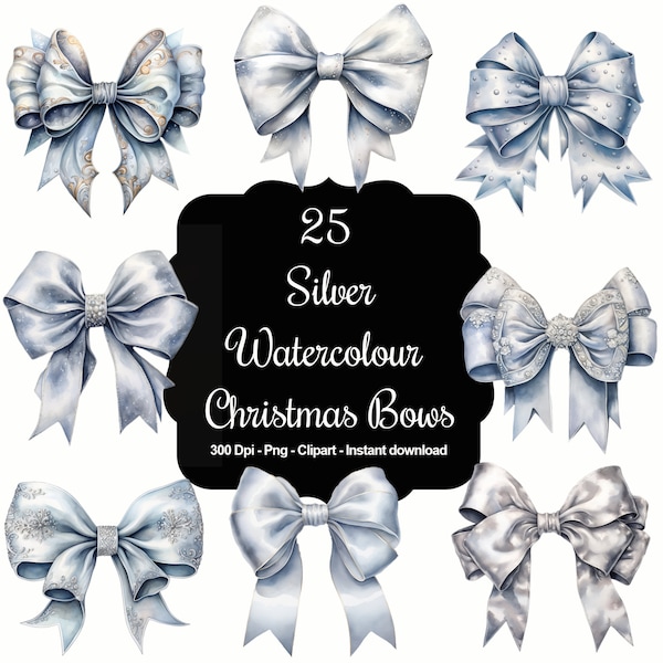 Silvery Loops: 25 Watercolour Silver Christmas Bows Clipart