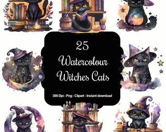 Moonlit Whiskers: 25 Watercolor Witchy Cat Cliparts for Halloween